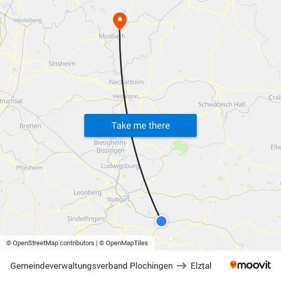 Gemeindeverwaltungsverband Plochingen to Elztal map