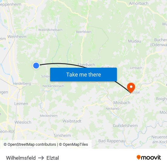 Wilhelmsfeld to Elztal map