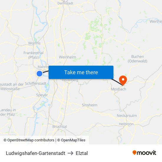 Ludwigshafen-Gartenstadt to Elztal map