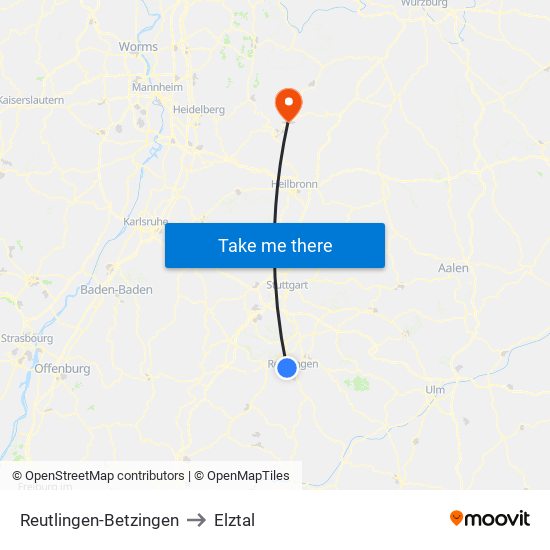 Reutlingen-Betzingen to Elztal map