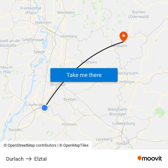 Durlach to Elztal map
