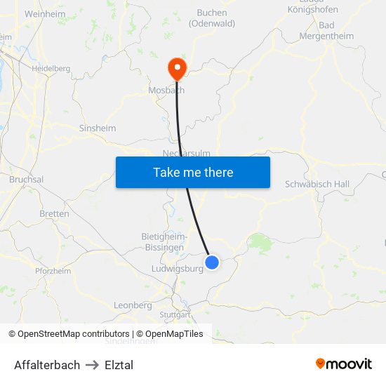 Affalterbach to Elztal map