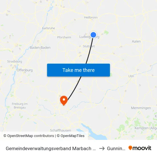 Gemeindeverwaltungsverband Marbach am Neckar to Gunningen map