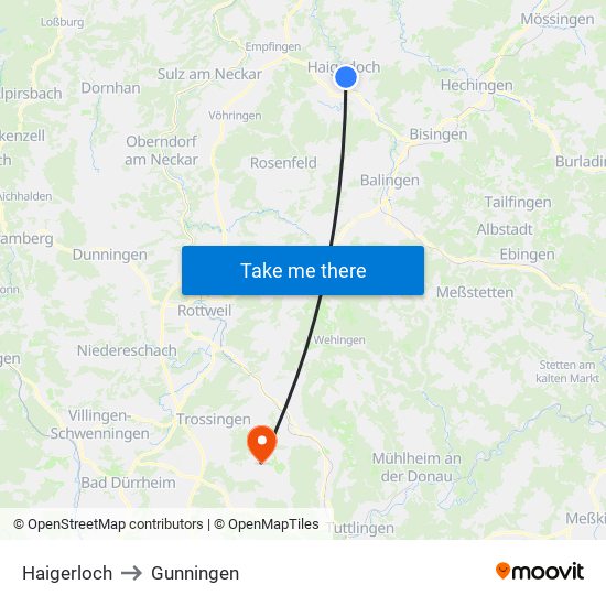 Haigerloch to Gunningen map