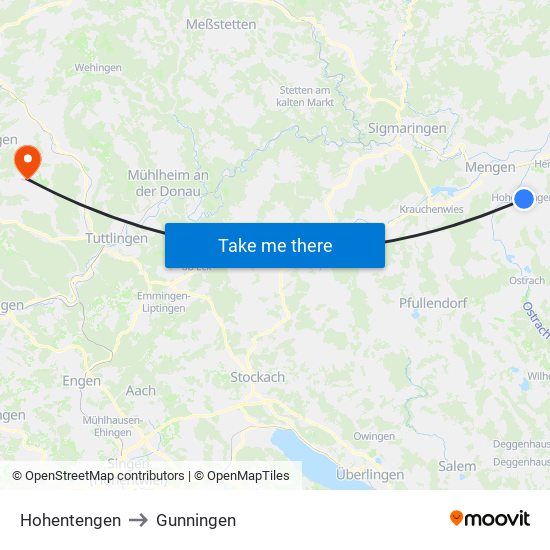 Hohentengen to Gunningen map