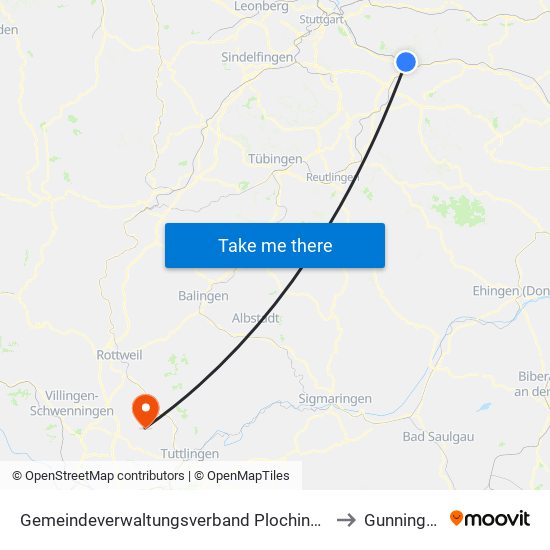 Gemeindeverwaltungsverband Plochingen to Gunningen map