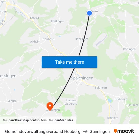 Gemeindeverwaltungsverband Heuberg to Gunningen map