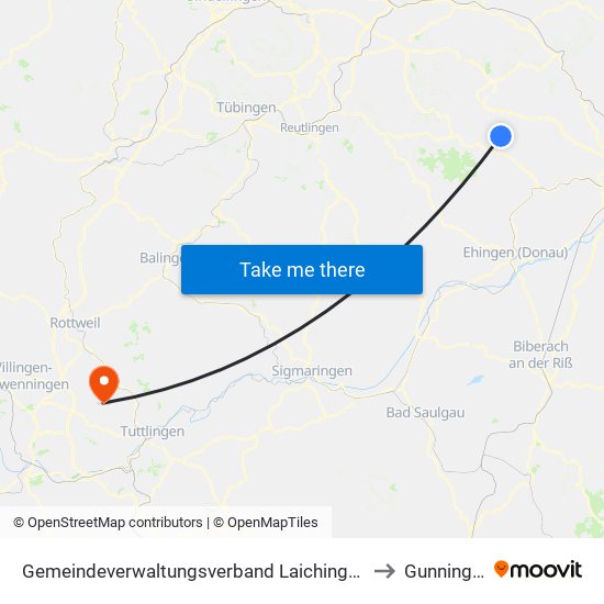 Gemeindeverwaltungsverband Laichinger Alb to Gunningen map