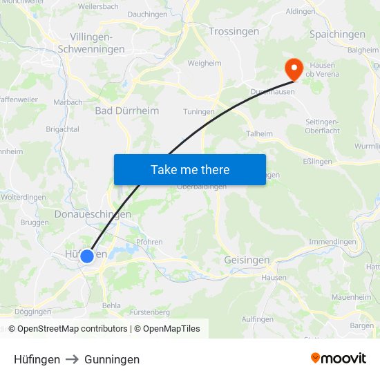 Hüfingen to Gunningen map
