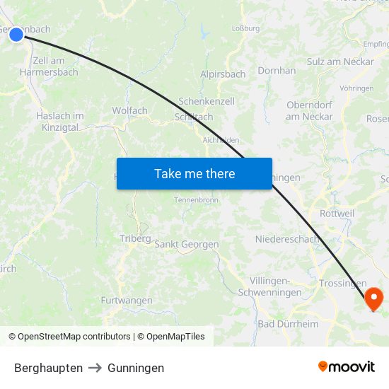 Berghaupten to Gunningen map