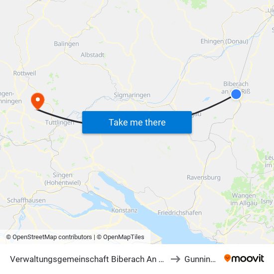 Verwaltungsgemeinschaft Biberach An Der Riß to Gunningen map