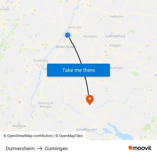 Durmersheim to Gunningen map
