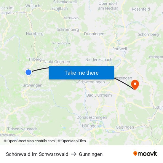 Schönwald Im Schwarzwald to Gunningen map