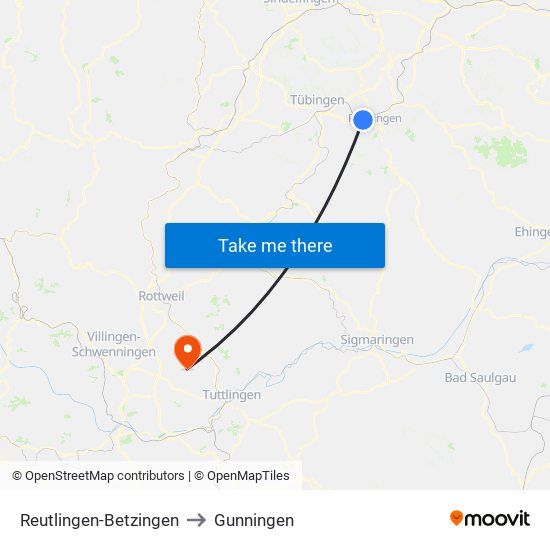 Reutlingen-Betzingen to Gunningen map