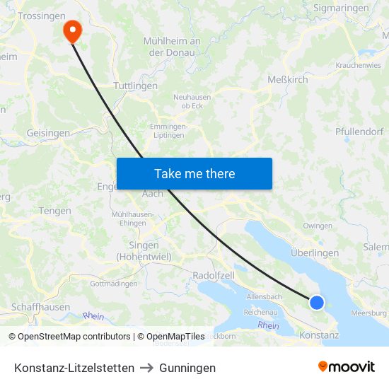 Konstanz-Litzelstetten to Gunningen map