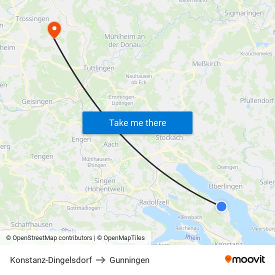 Konstanz-Dingelsdorf to Gunningen map