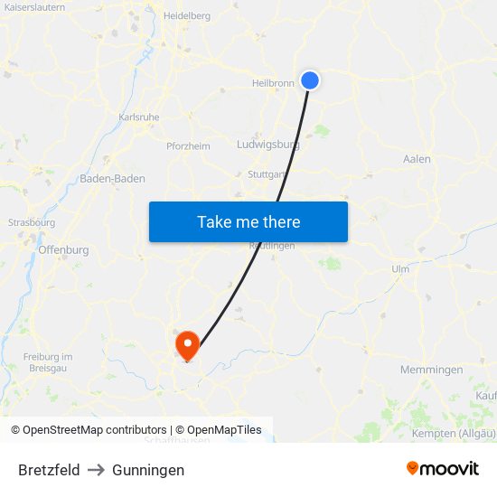 Bretzfeld to Gunningen map