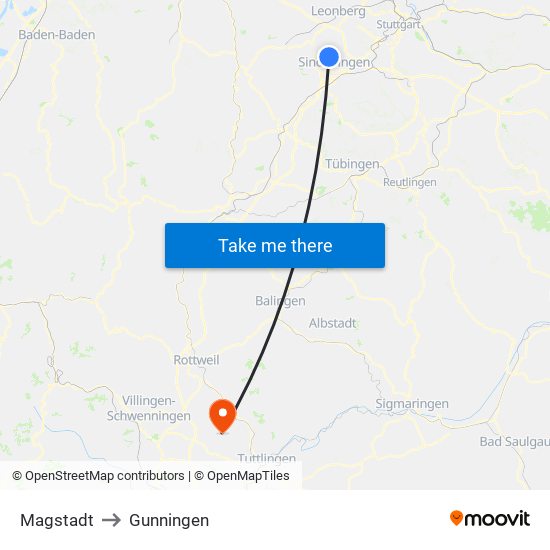 Magstadt to Gunningen map