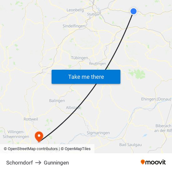 Schorndorf to Gunningen map