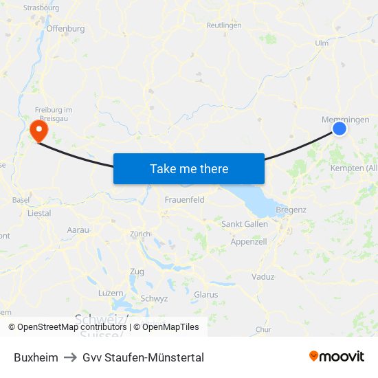 Buxheim to Gvv Staufen-Münstertal map