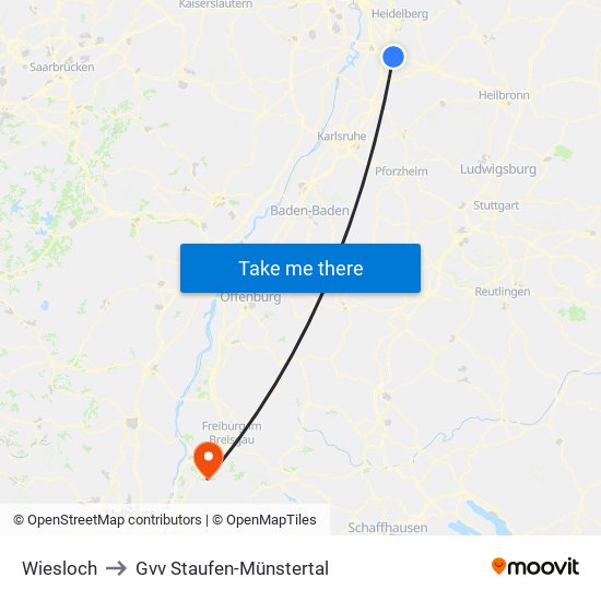 Wiesloch to Gvv Staufen-Münstertal map