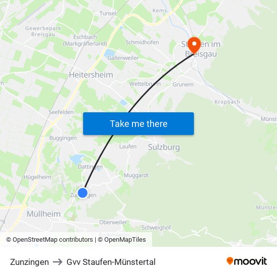 Zunzingen to Gvv Staufen-Münstertal map