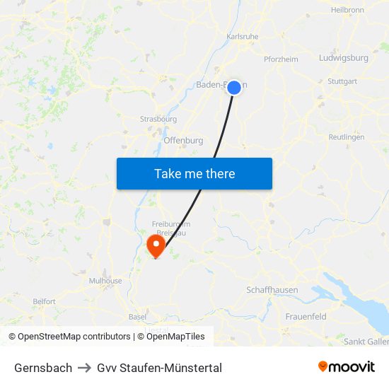 Gernsbach to Gvv Staufen-Münstertal map