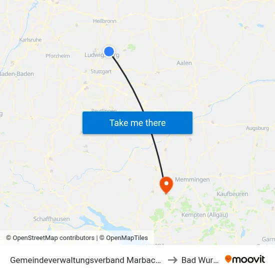 Gemeindeverwaltungsverband Marbach am Neckar to Bad Wurzach map