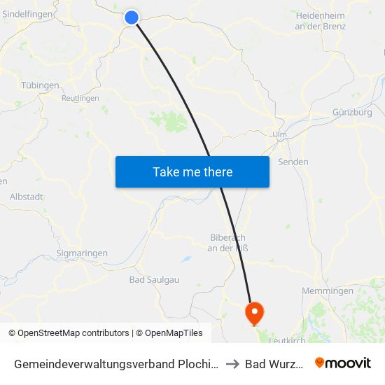 Gemeindeverwaltungsverband Plochingen to Bad Wurzach map