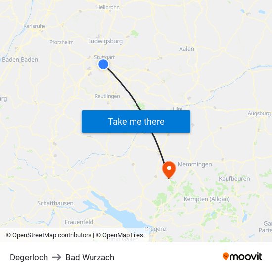 Degerloch to Bad Wurzach map