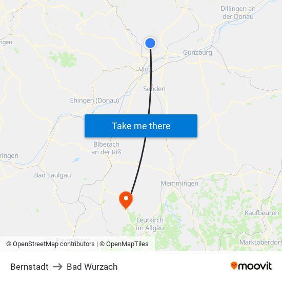 Bernstadt to Bad Wurzach map