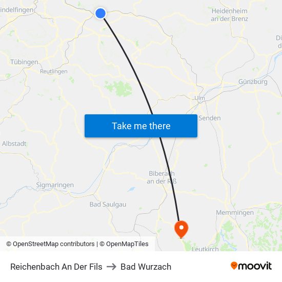 Reichenbach An Der Fils to Bad Wurzach map