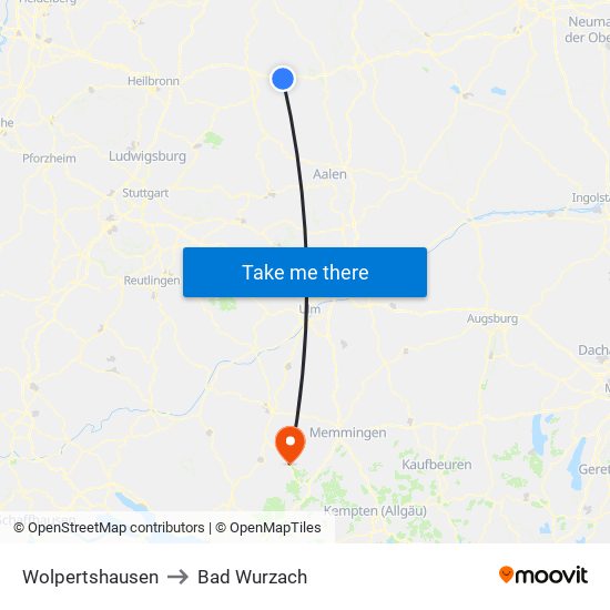 Wolpertshausen to Bad Wurzach map