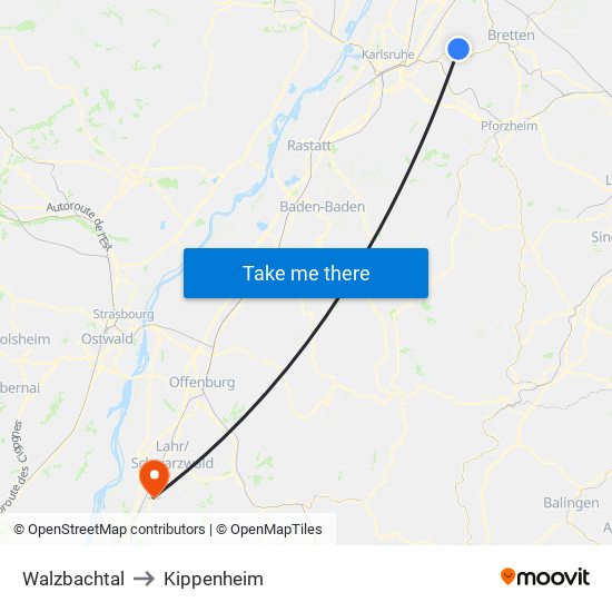 Walzbachtal to Kippenheim map