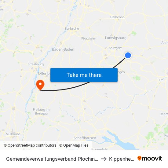 Gemeindeverwaltungsverband Plochingen to Kippenheim map