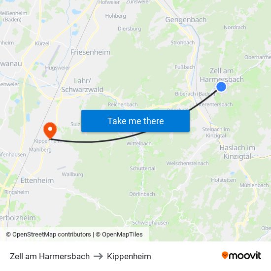 Zell am Harmersbach to Kippenheim map
