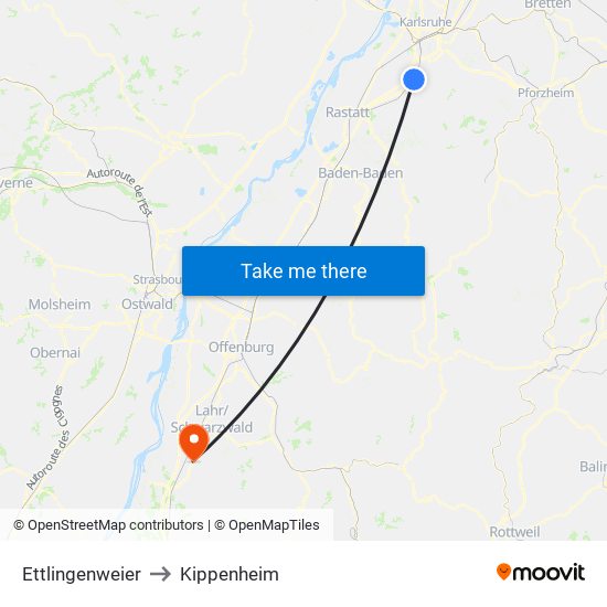 Ettlingenweier to Kippenheim map