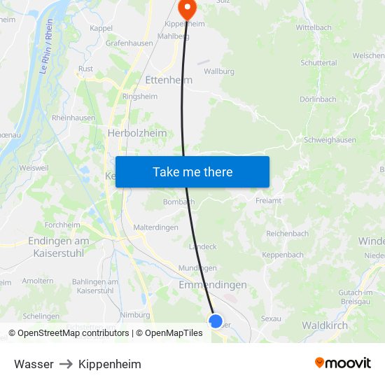 Wasser to Kippenheim map