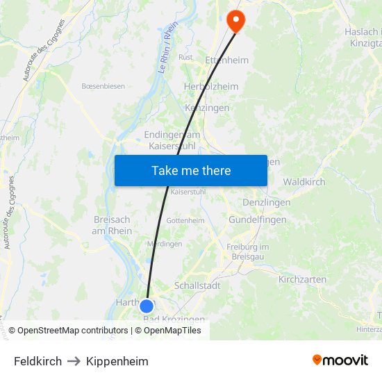 Feldkirch to Kippenheim map