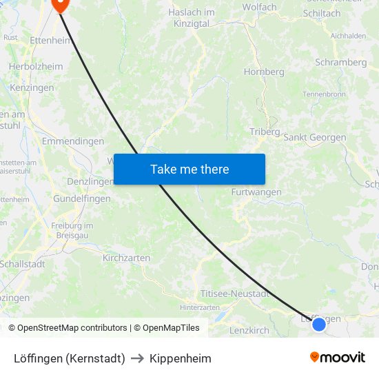 Löffingen (Kernstadt) to Kippenheim map