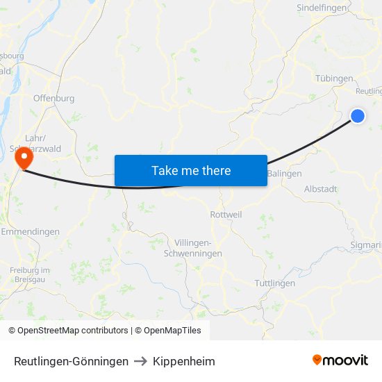 Reutlingen-Gönningen to Kippenheim map