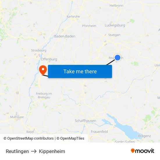 Reutlingen to Kippenheim map