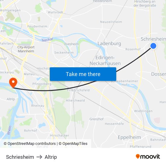 Schriesheim to Altrip map