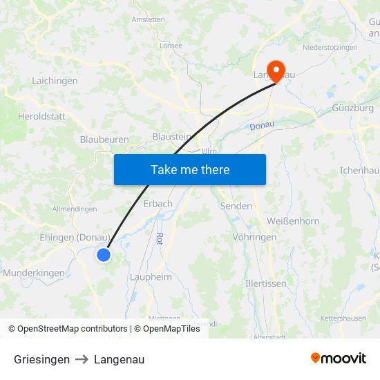 Griesingen to Langenau map