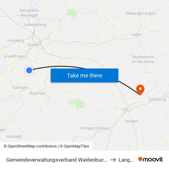 Gemeindeverwaltungsverband Waldenbuch/Steinenbronn to Langenau map