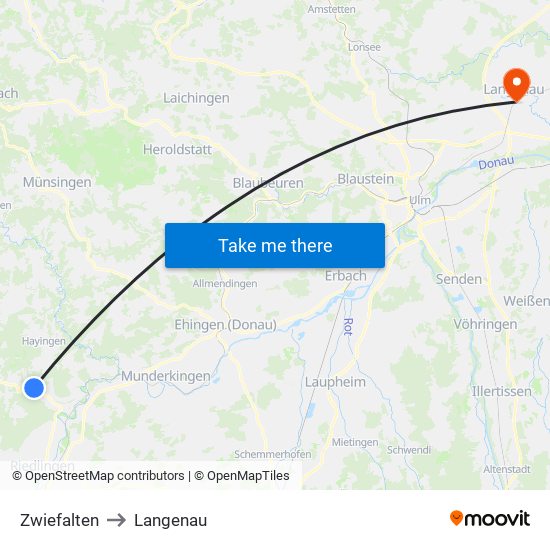 Zwiefalten to Langenau map