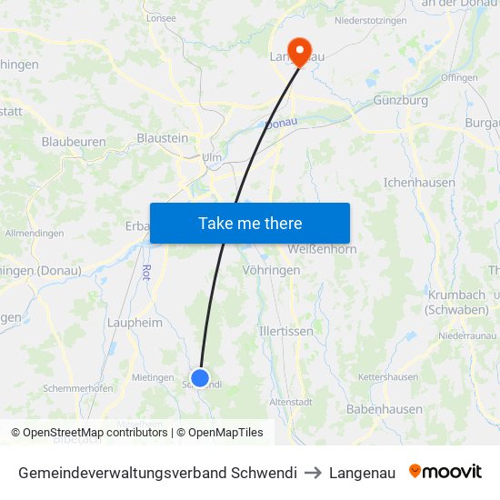 Gemeindeverwaltungsverband Schwendi to Langenau map