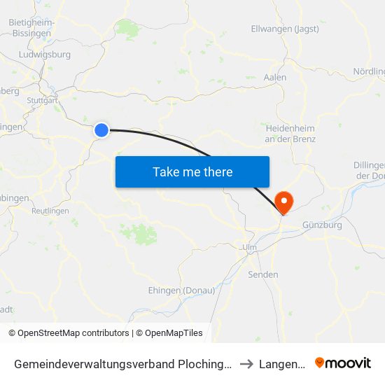 Gemeindeverwaltungsverband Plochingen to Langenau map