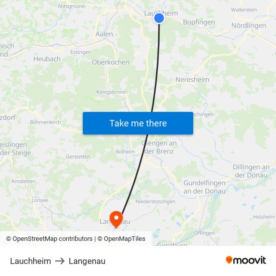 Lauchheim to Langenau map