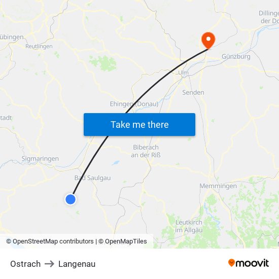 Ostrach to Langenau map